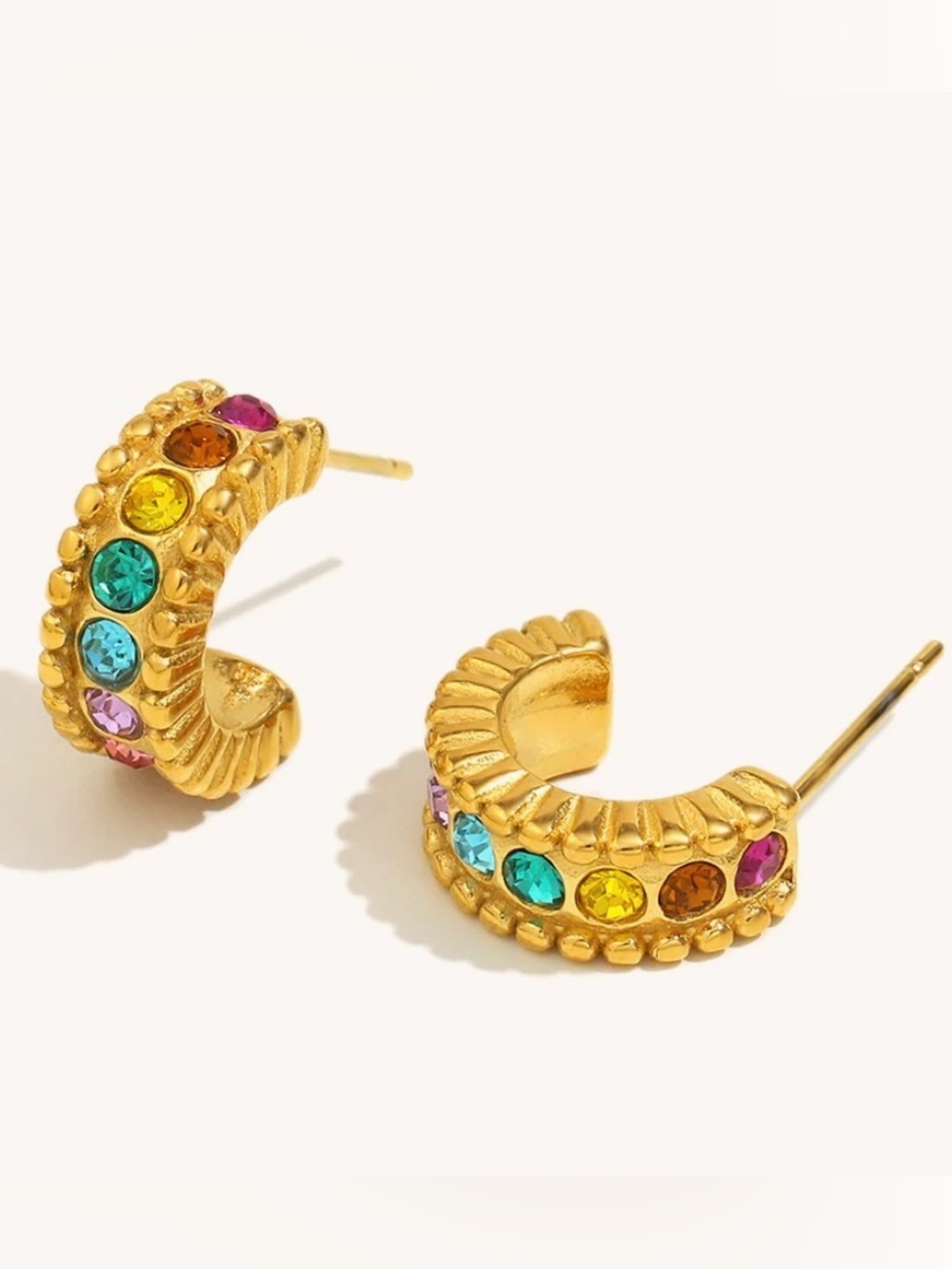 18k Gold Plated Rainbow CZ Hoop Stud Earrings. New.
